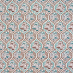 Detail of fabric in a floral damask print in shades of blue and brown on a cream field.