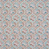 Detail of fabric in a floral damask print in shades of blue and brown on a cream field.