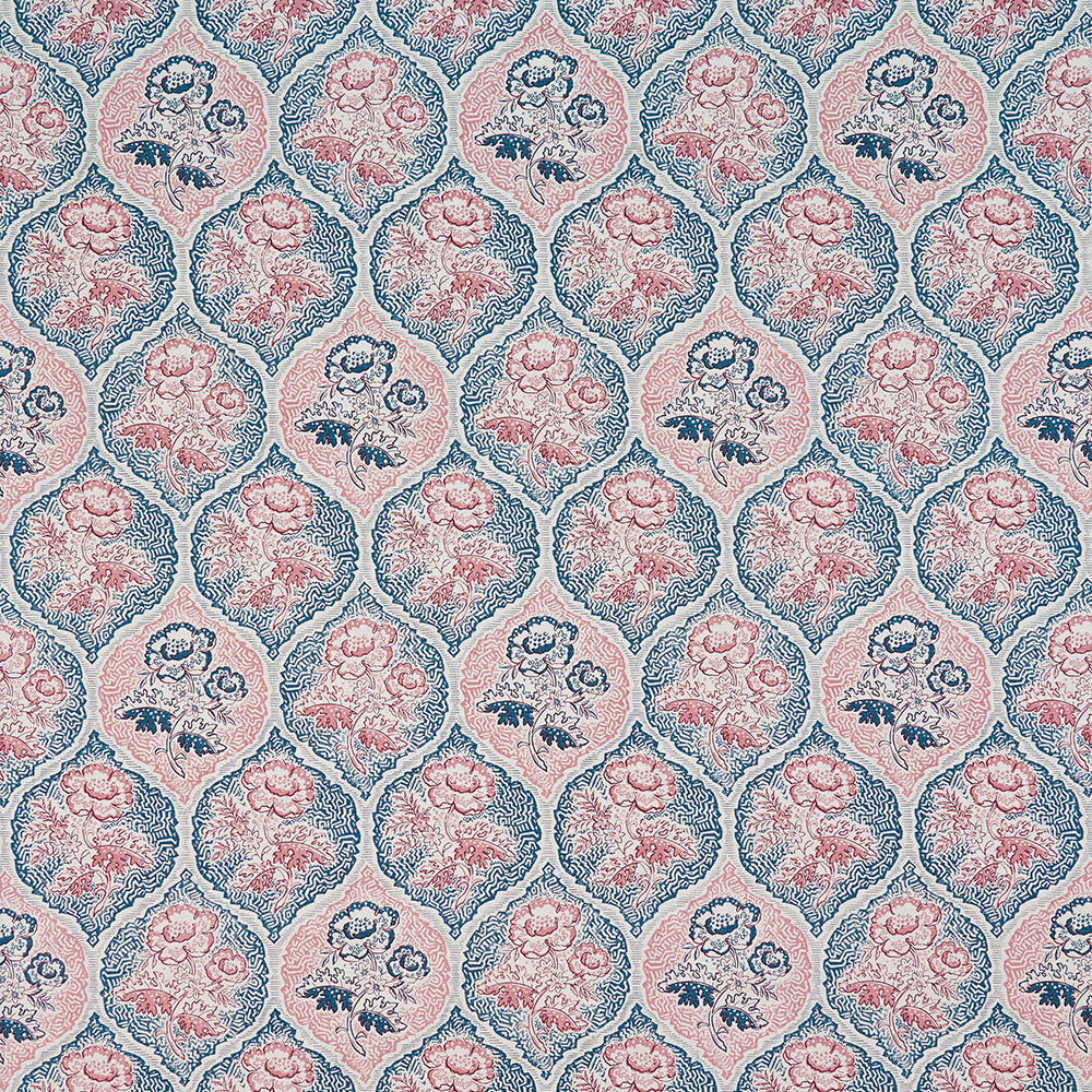Detail of fabric in a floral damask print in shades of navy and pink on a cream field.
