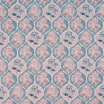 Detail of fabric in a floral damask print in shades of navy and pink on a cream field.