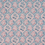 Detail of fabric in a floral damask print in shades of navy and pink on a cream field.