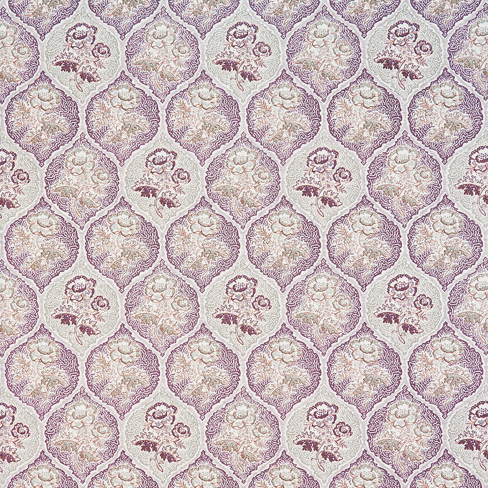 Detail of fabric in a floral damask print in shades of purple, cream and tan on a cream field.