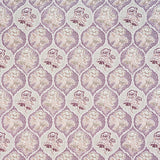 Detail of fabric in a floral damask print in shades of purple, cream and tan on a cream field.