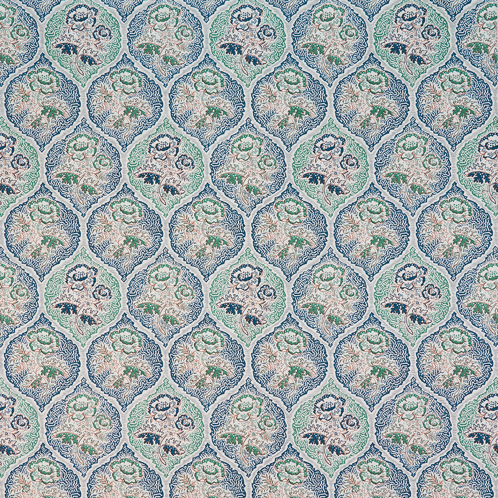 Detail of fabric in a floral damask print in shades of blue, green and tan on a cream field.