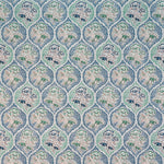 Detail of fabric in a floral damask print in shades of blue, green and tan on a cream field.