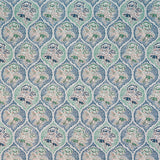 Detail of fabric in a floral damask print in shades of blue, green and tan on a cream field.