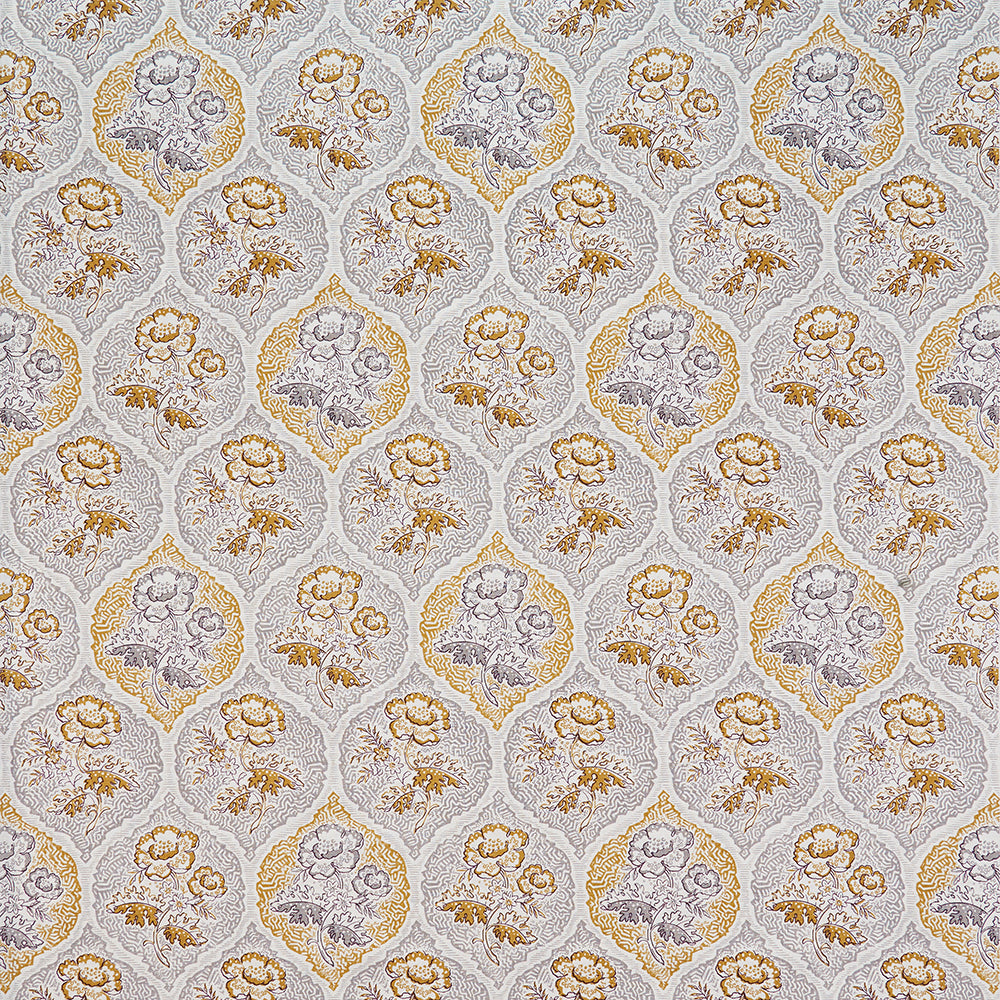 Detail of fabric in a floral damask print in shades of gray and mustard on a cream field.
