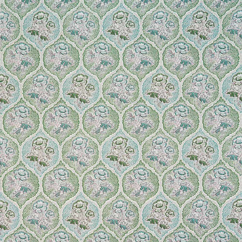 Detail of fabric in a floral damask print in shades of gray, blue and green on a cream field.