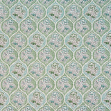 Detail of fabric in a floral damask print in shades of gray, blue and green on a cream field.