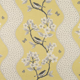 Detail of fabric in a striped bird and tree print in gray and white on a yellow field.