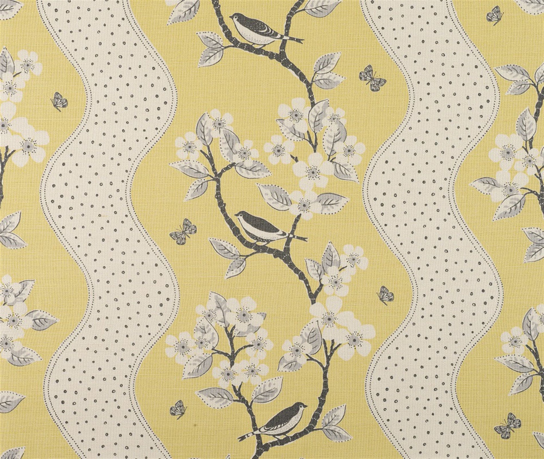 Detail of fabric in a striped bird and tree print in gray and white on a yellow field.