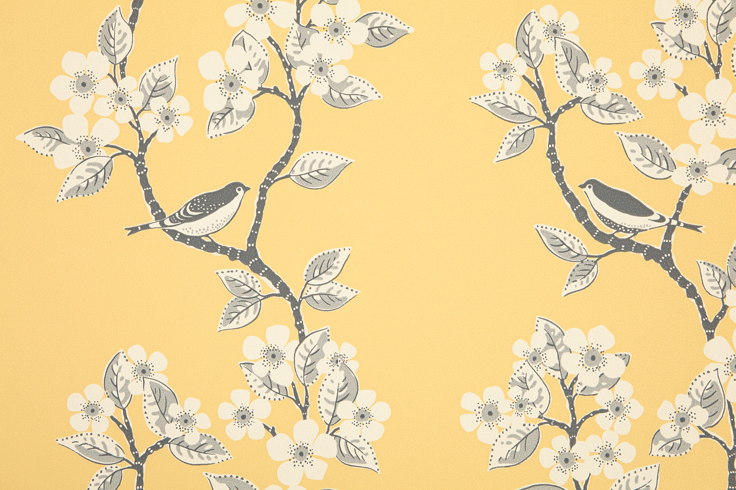 Detail of wallpaper in a bird and tree print in gray and white on a yellow field.