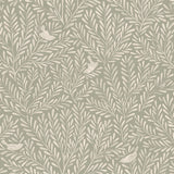 Detail of wallpaper in a playful bird and leaf print in white on a sage field.