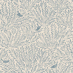 Detail of wallpaper in a playful bird and leaf print in blue on a white field.