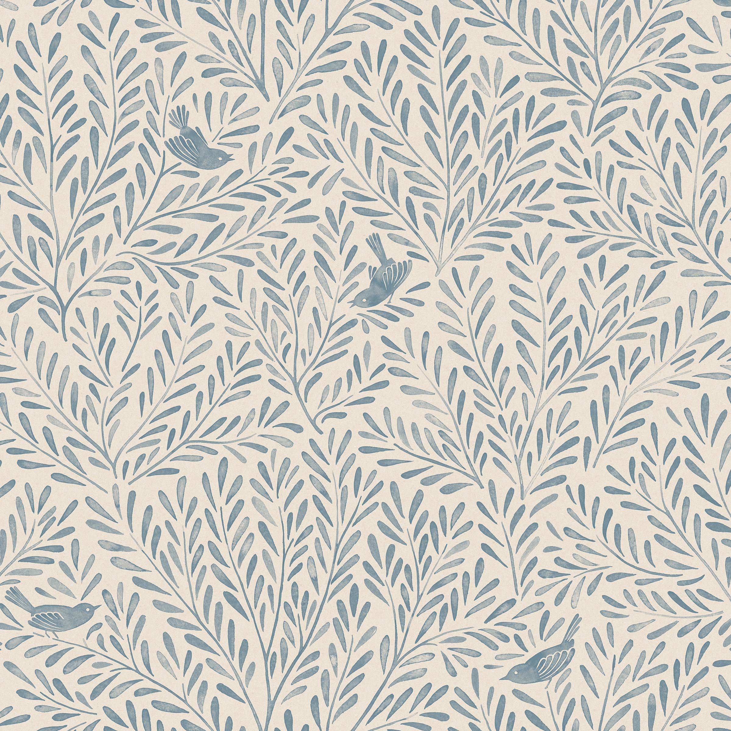 Detail of wallpaper in a playful bird and leaf print in blue on a white field.