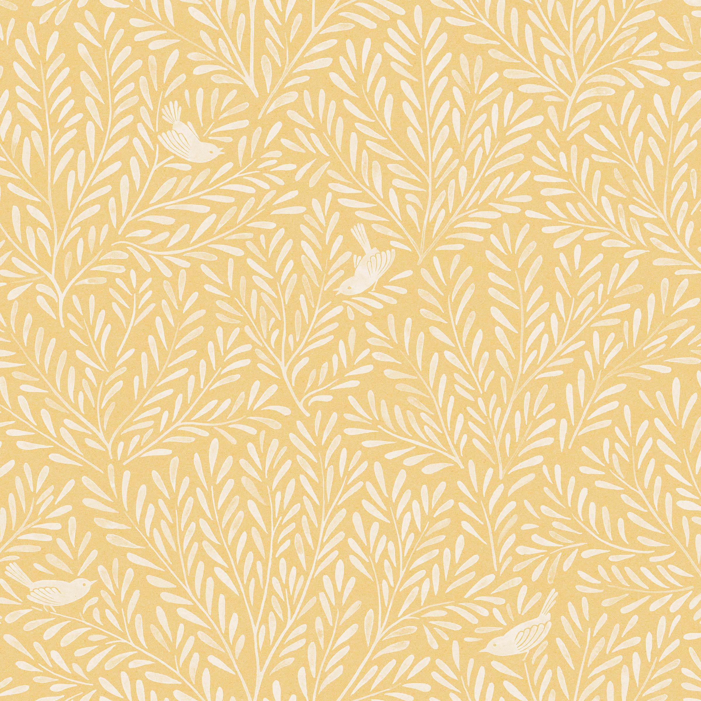 Detail of wallpaper in a playful bird and leaf print in white on a yellow field.