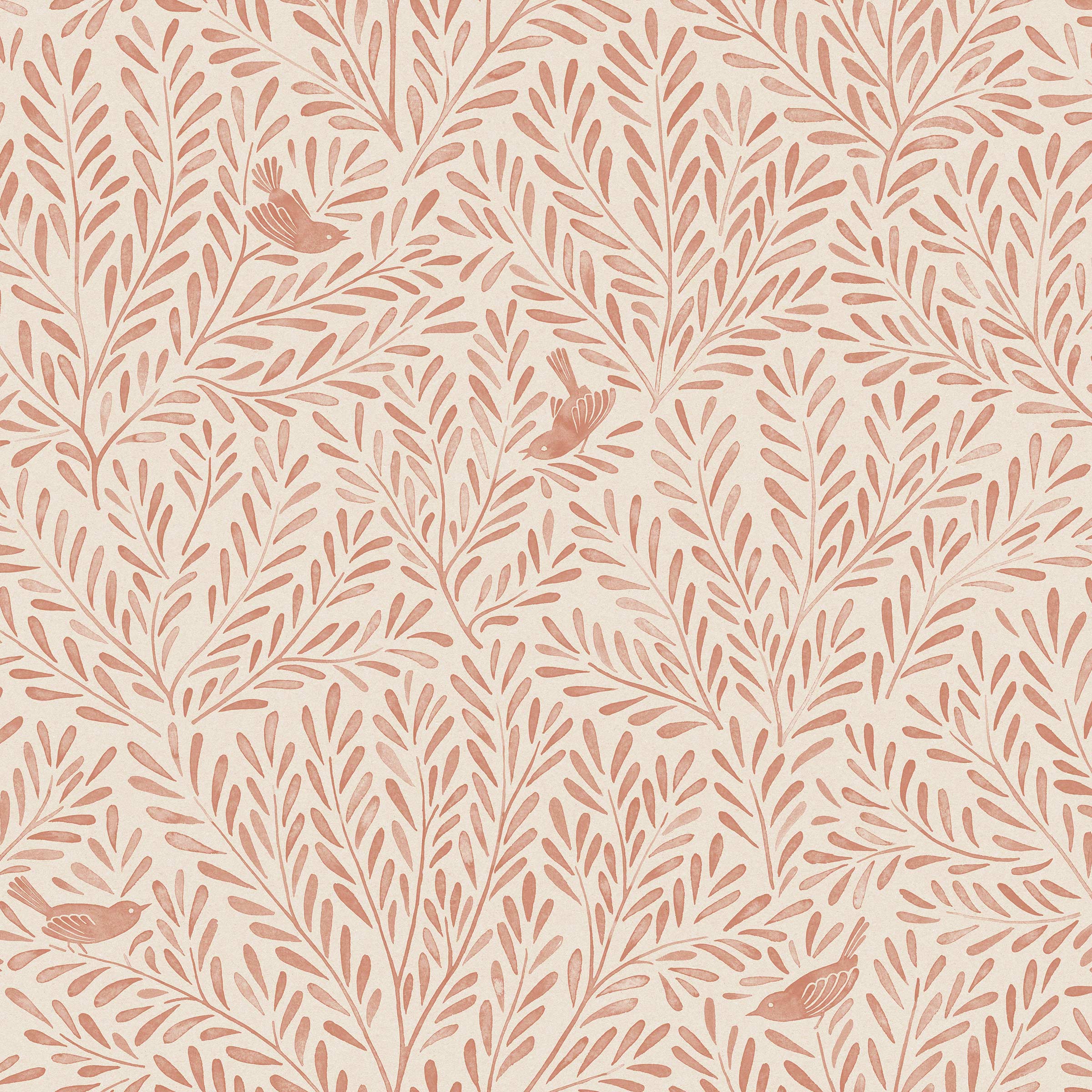 Detail of wallpaper in a playful bird and leaf print in pink on a cream field.