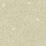 Detail of fabric in a playful bird and leaf print in cream on a light green field.