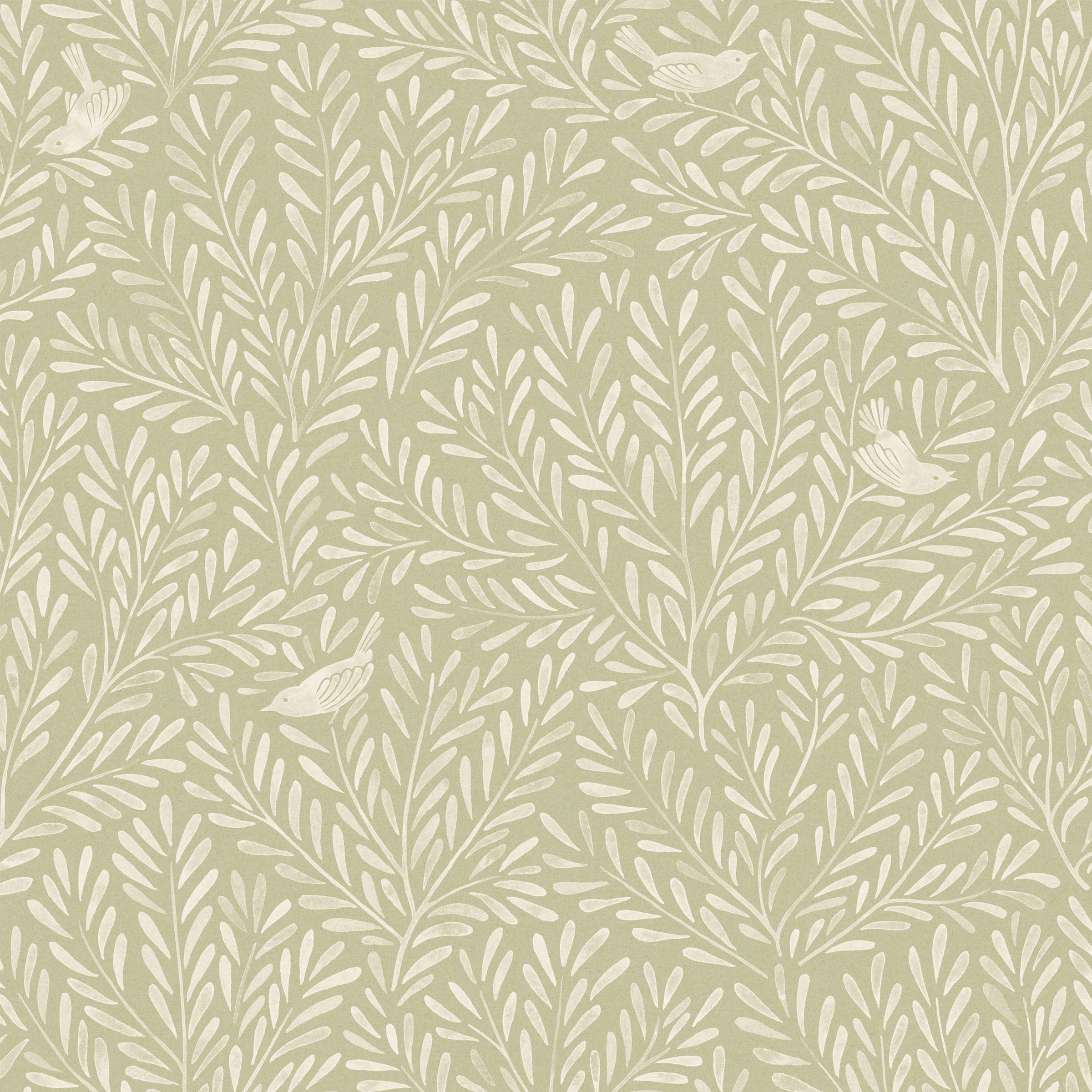 Detail of fabric in a playful bird and leaf print in cream on a light green field.