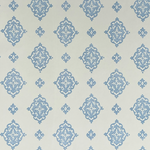 Detail of fabric in a floral damask print in blue on a cream field.