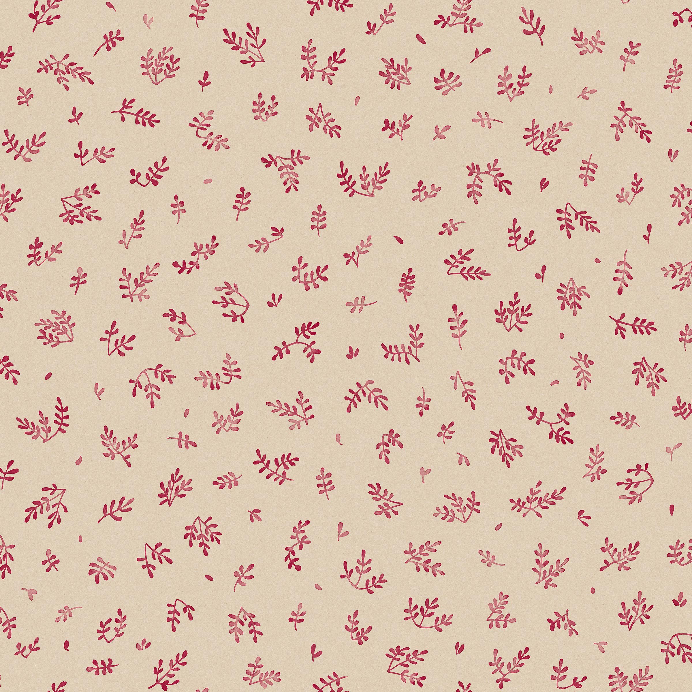 Detail of wallpaper in a minimal repeating leaf print in pink on a tan field.