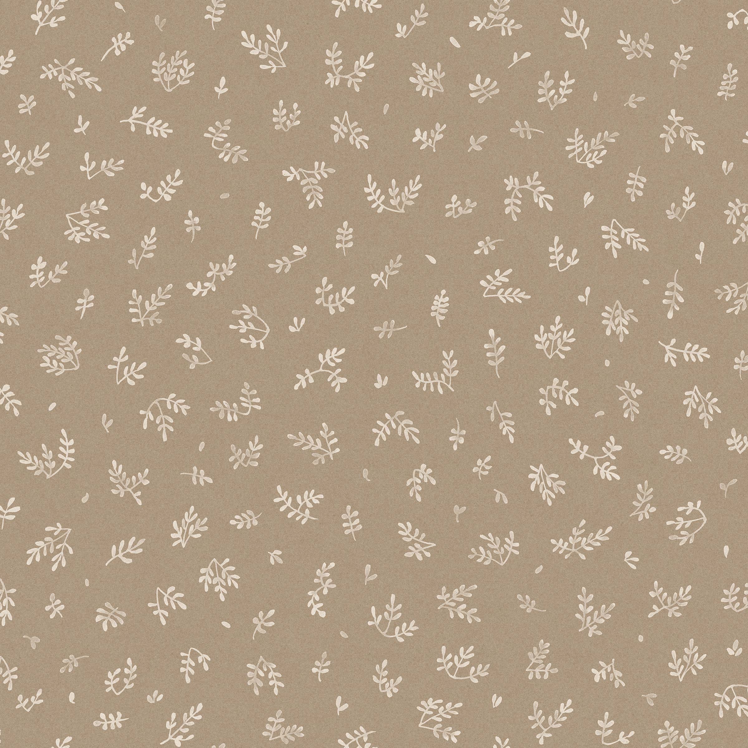 Detail of wallpaper in a minimal repeating leaf print in cream on a light brown field.