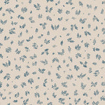 Detail of wallpaper in a minimal repeating leaf print in navy on a cream field.