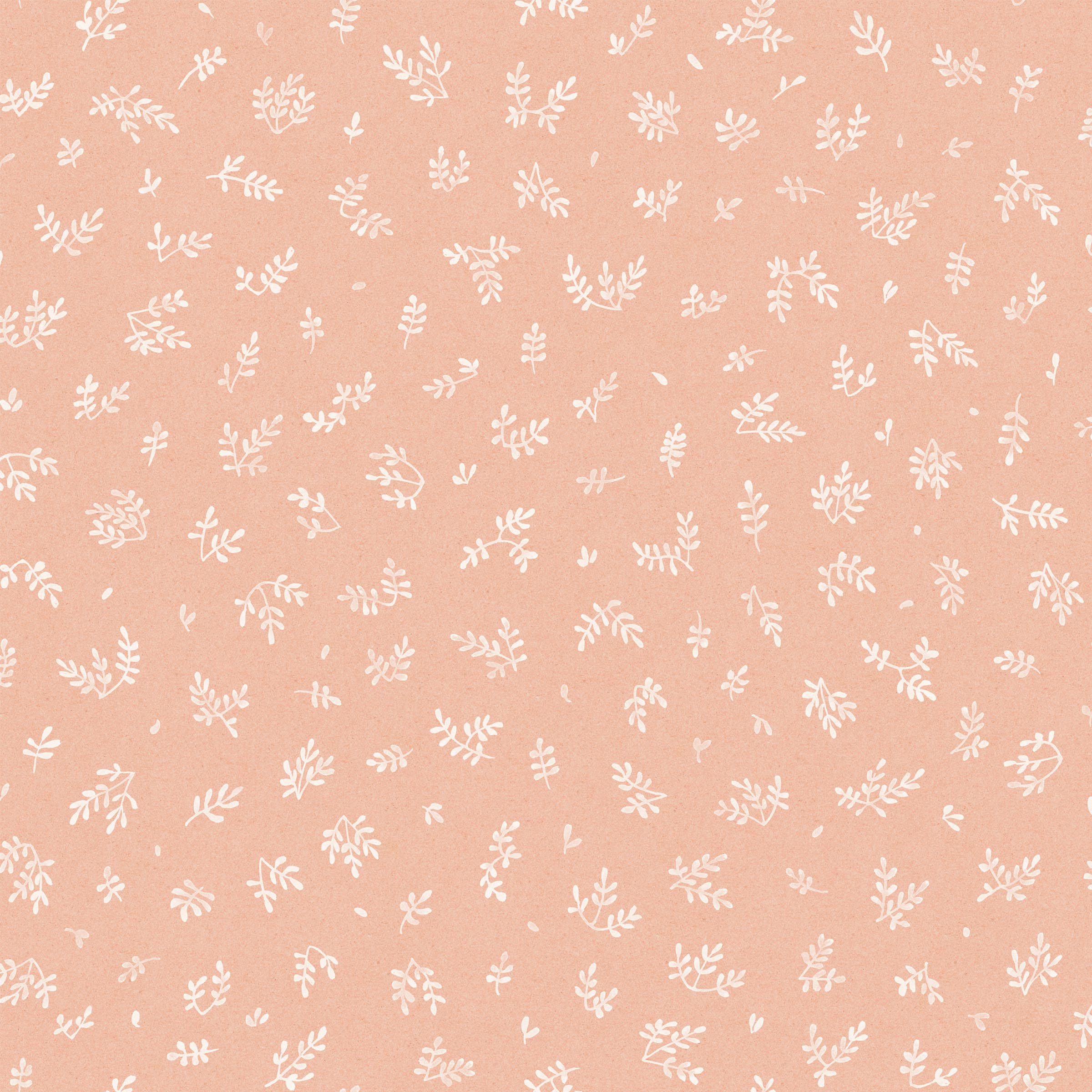 Detail of fabric in a minimal repeating leaf print in cream on a light pink field.