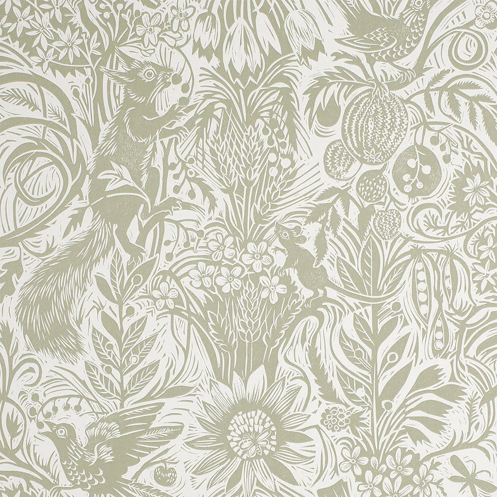 Detail of wallpaper in a playful squirrel and sunflower print in sage on a cream field.