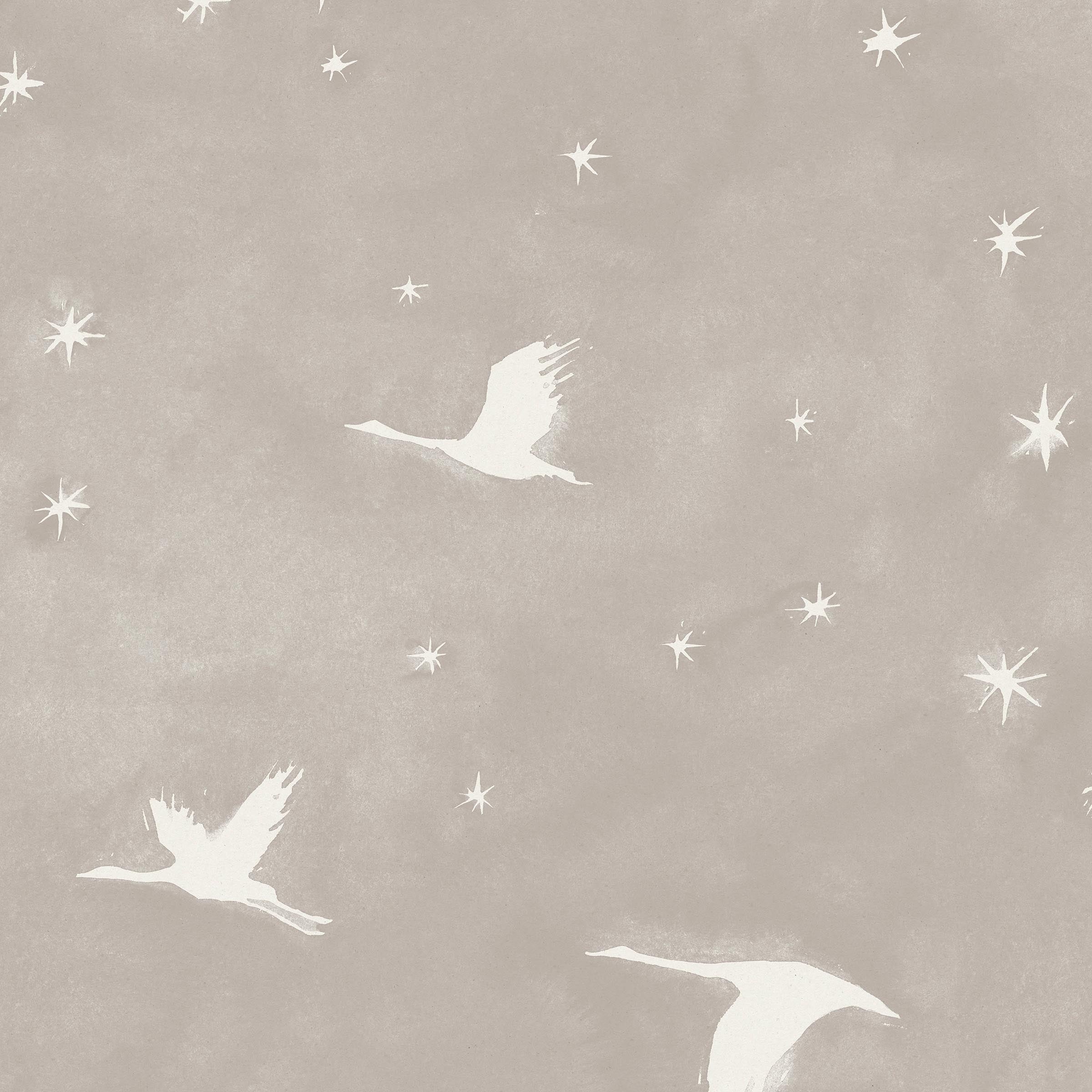 Detail of wallpaper in a repeating print of birds and stars in white on a light gray watercolor field.