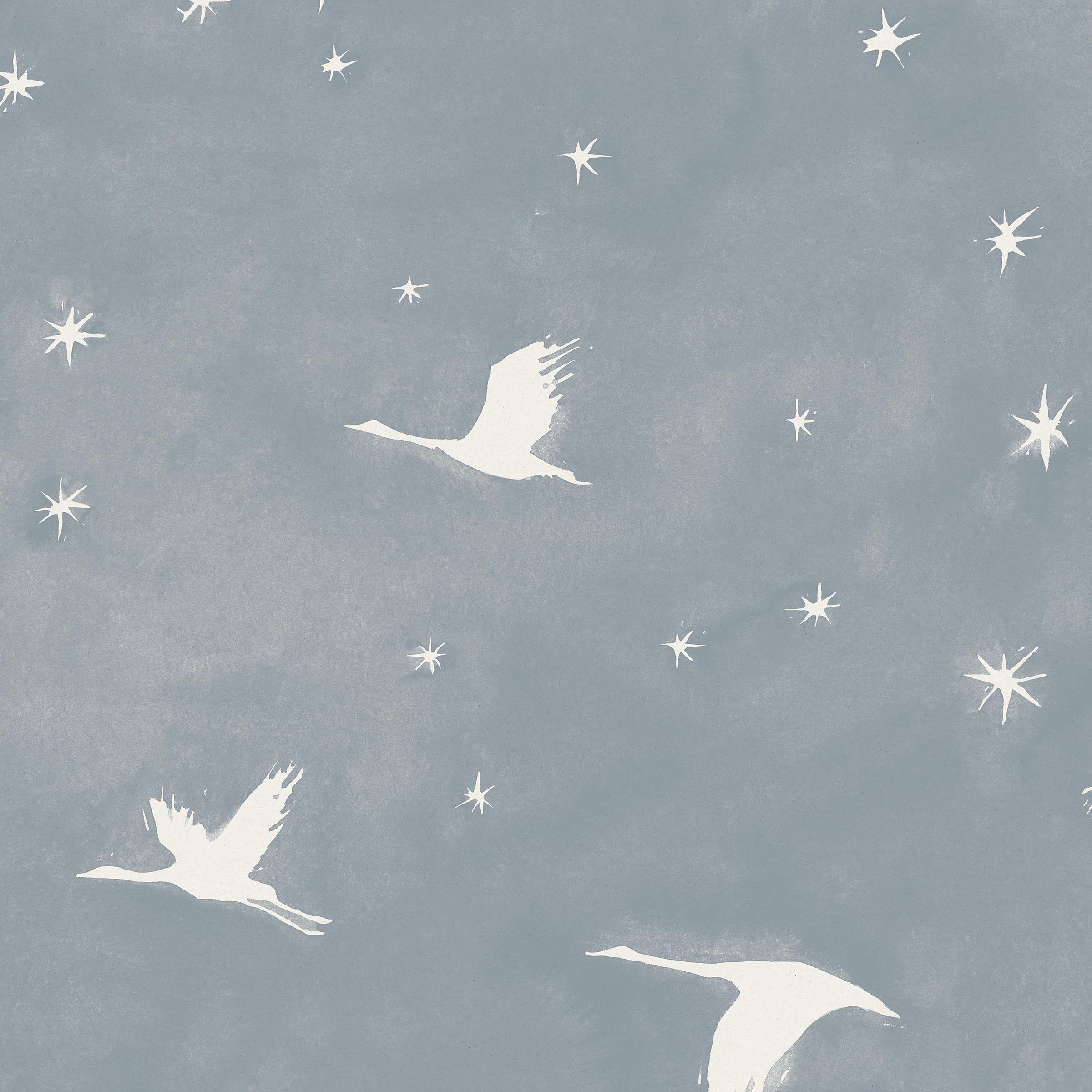 Detail of wallpaper in a repeating print of birds and stars in white on a light blue watercolor field.