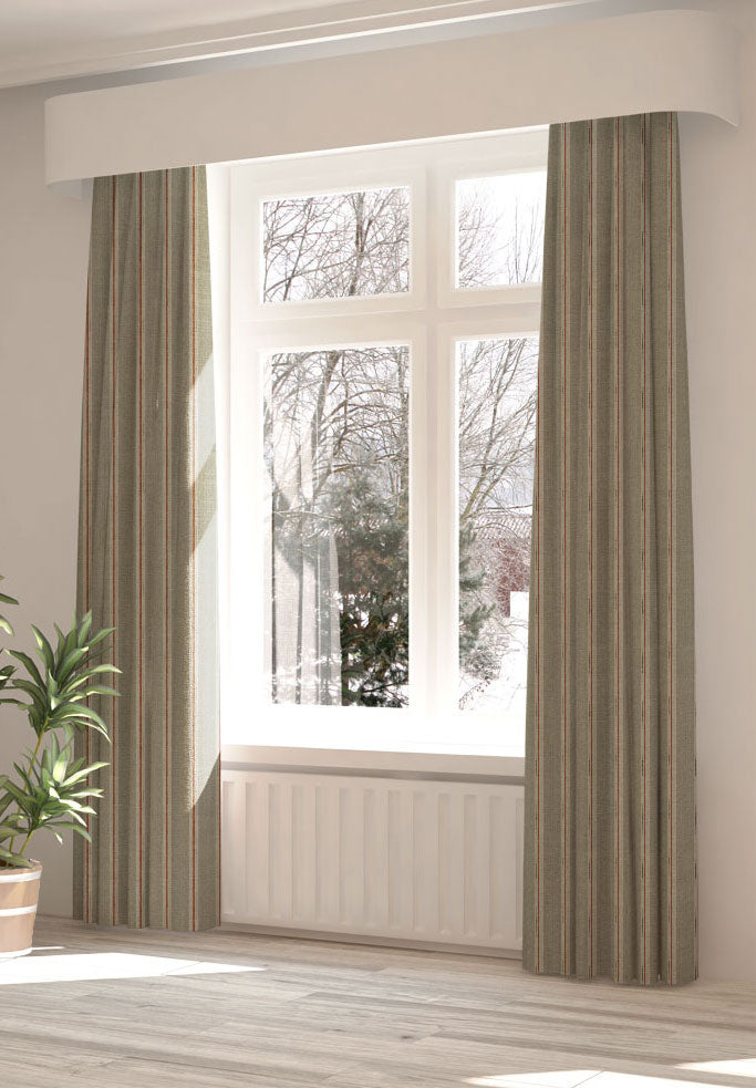 A large, sunny window with long curtains in a stripe print on a tan field.