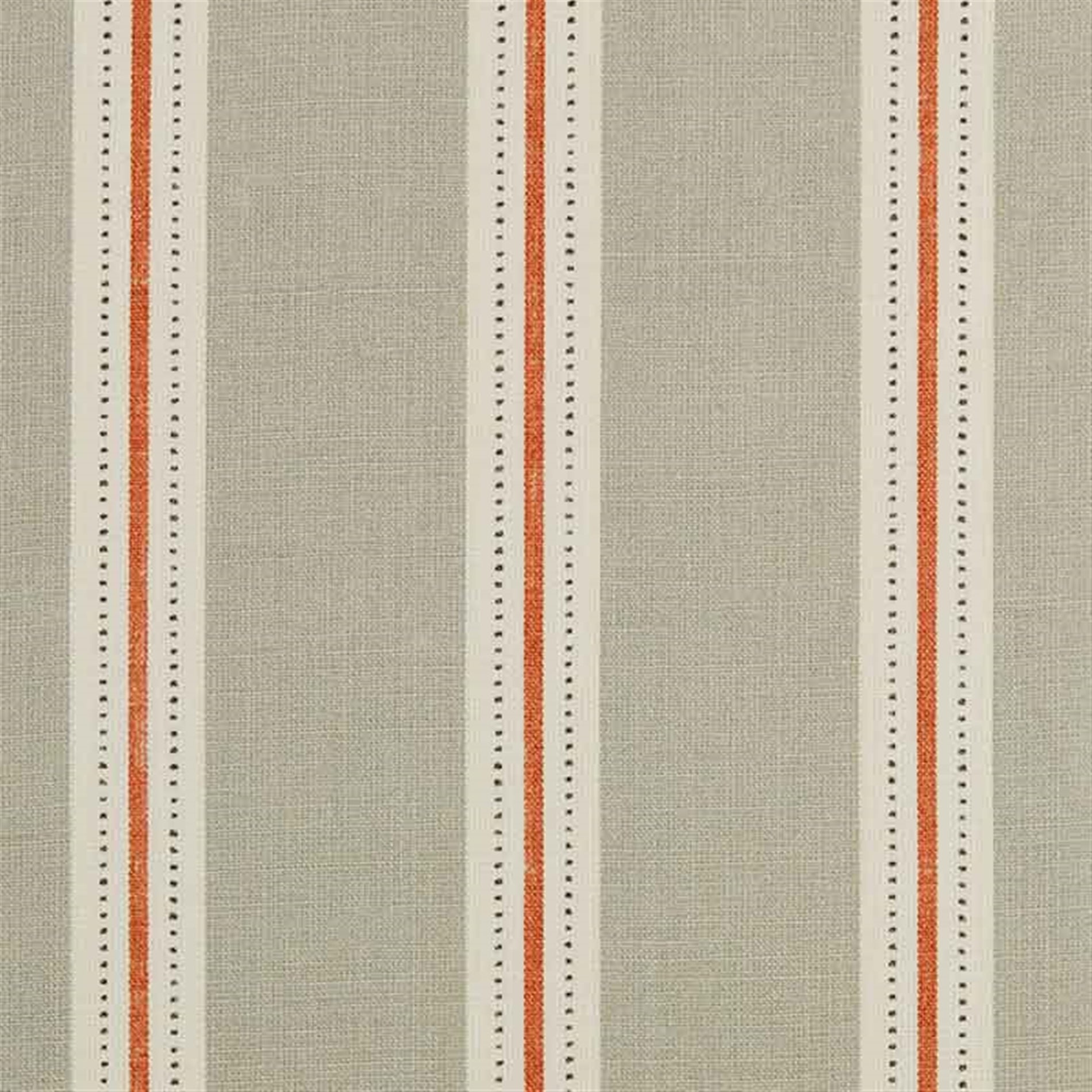 Detail of fabric in a repeating stripe print in cream and burnt orange on a tan field.