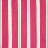 Detail of fabric in a repeating stripe print in white and gray on a pink field.