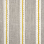 Detail of fabric in a repeating stripe print in white and yellow on a light gray field.