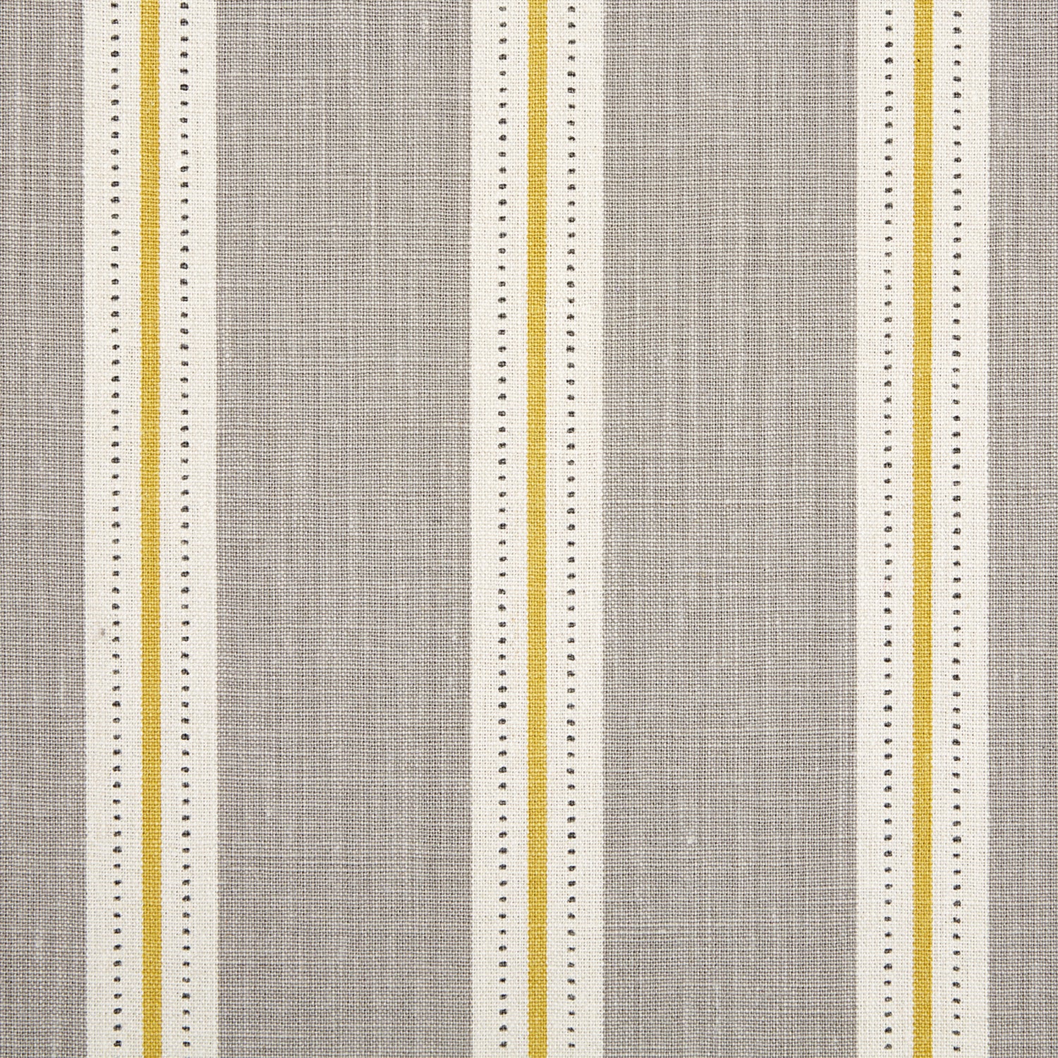 Detail of fabric in a repeating stripe print in white and yellow on a light gray field.