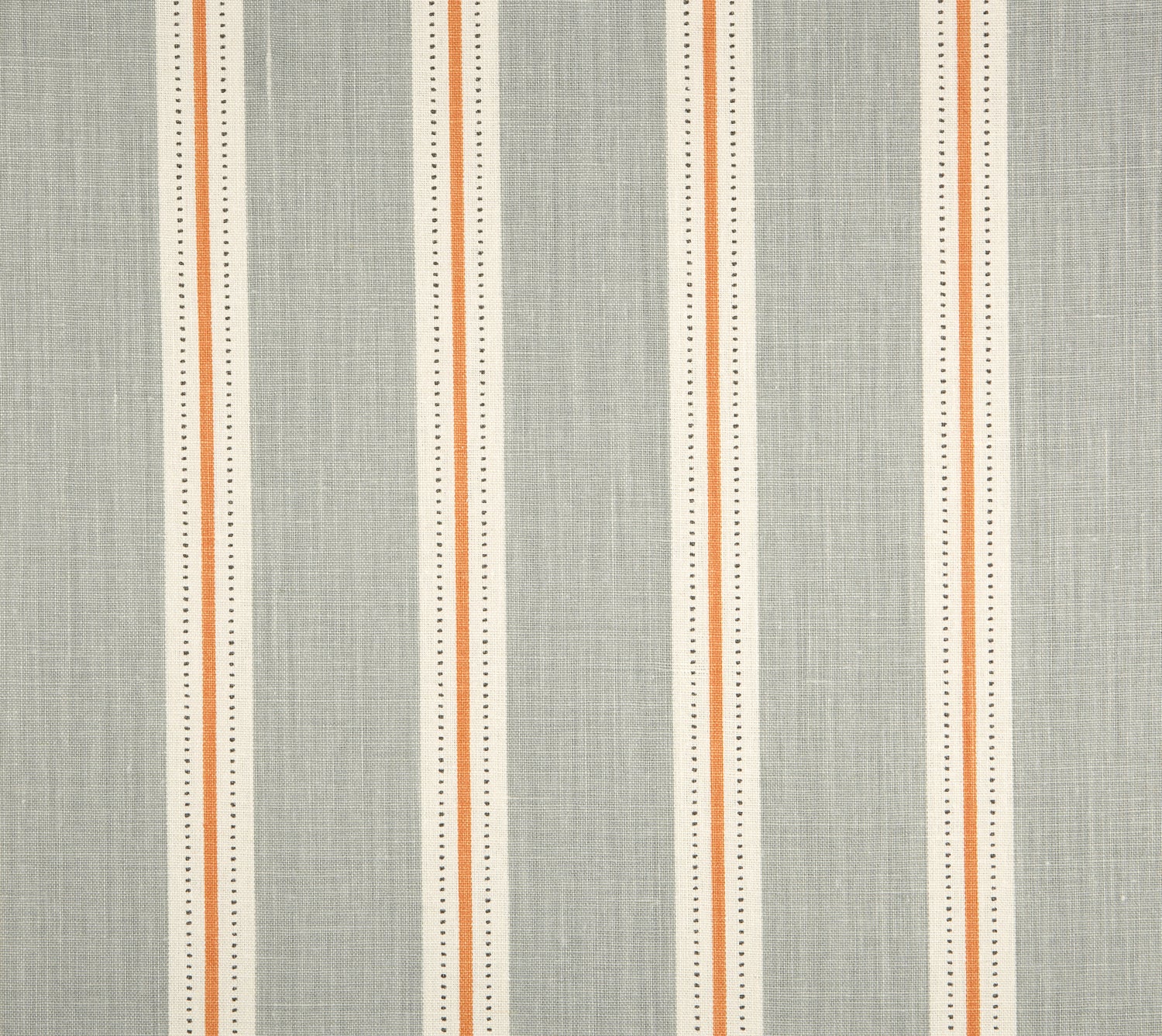 Detail of fabric in a repeating stripe print in cream and orange on a light gray field.