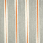 Detail of fabric in a repeating stripe print in cream and orange on a light gray field.