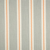 Detail of fabric in a repeating stripe print in cream and orange on a light gray field.