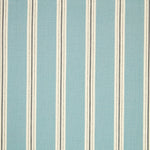 Detail of fabric in a repeating stripe print in cream and gray on a light blue field.