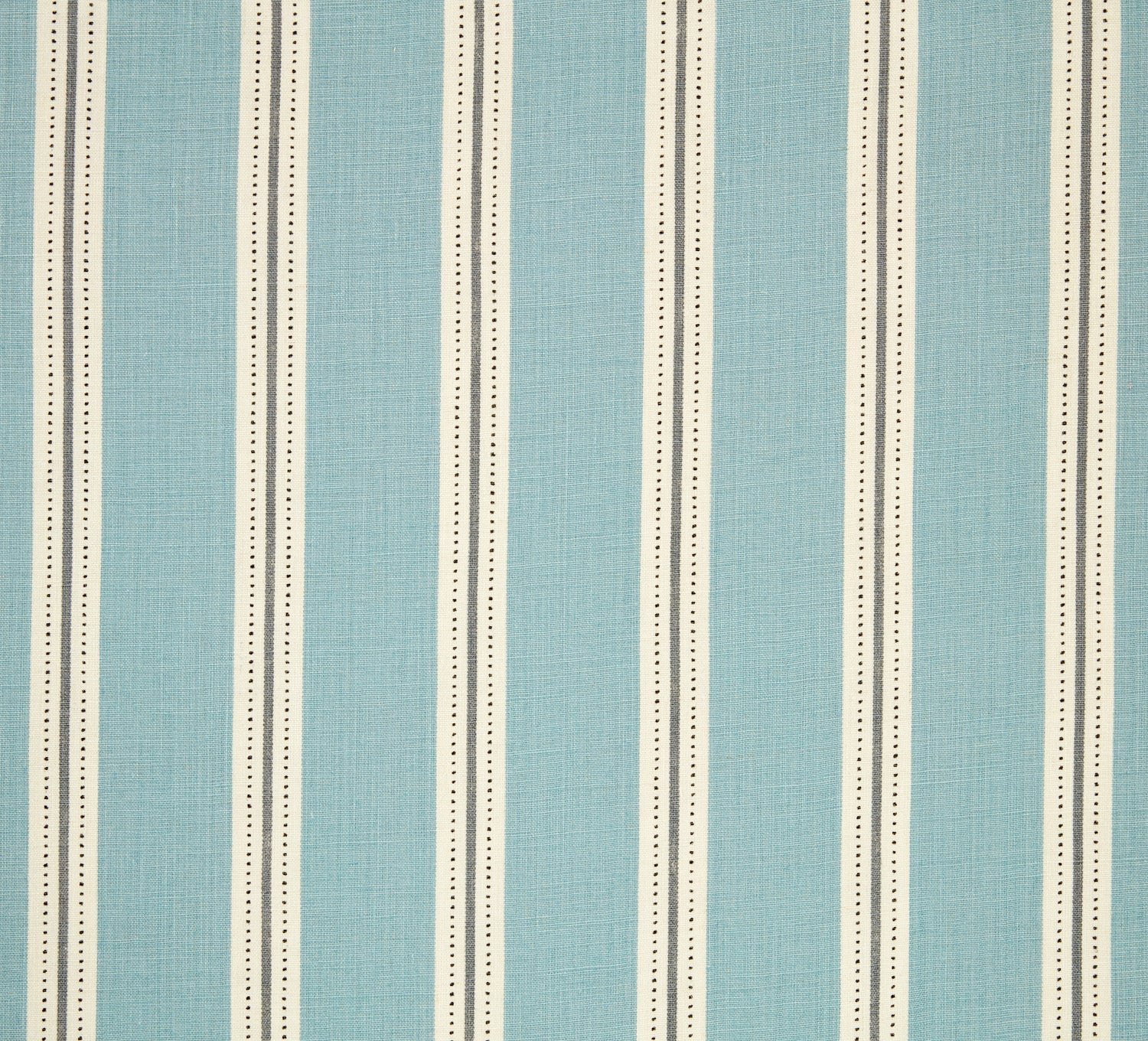 Detail of fabric in a repeating stripe print in cream and gray on a light blue field.