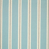 Detail of fabric in a repeating stripe print in cream and gray on a light blue field.