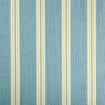 Detail of fabric in a repeating stripe print in cream and yellow on a light blue field.