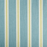 Detail of fabric in a repeating stripe print in cream and yellow on a light blue field.