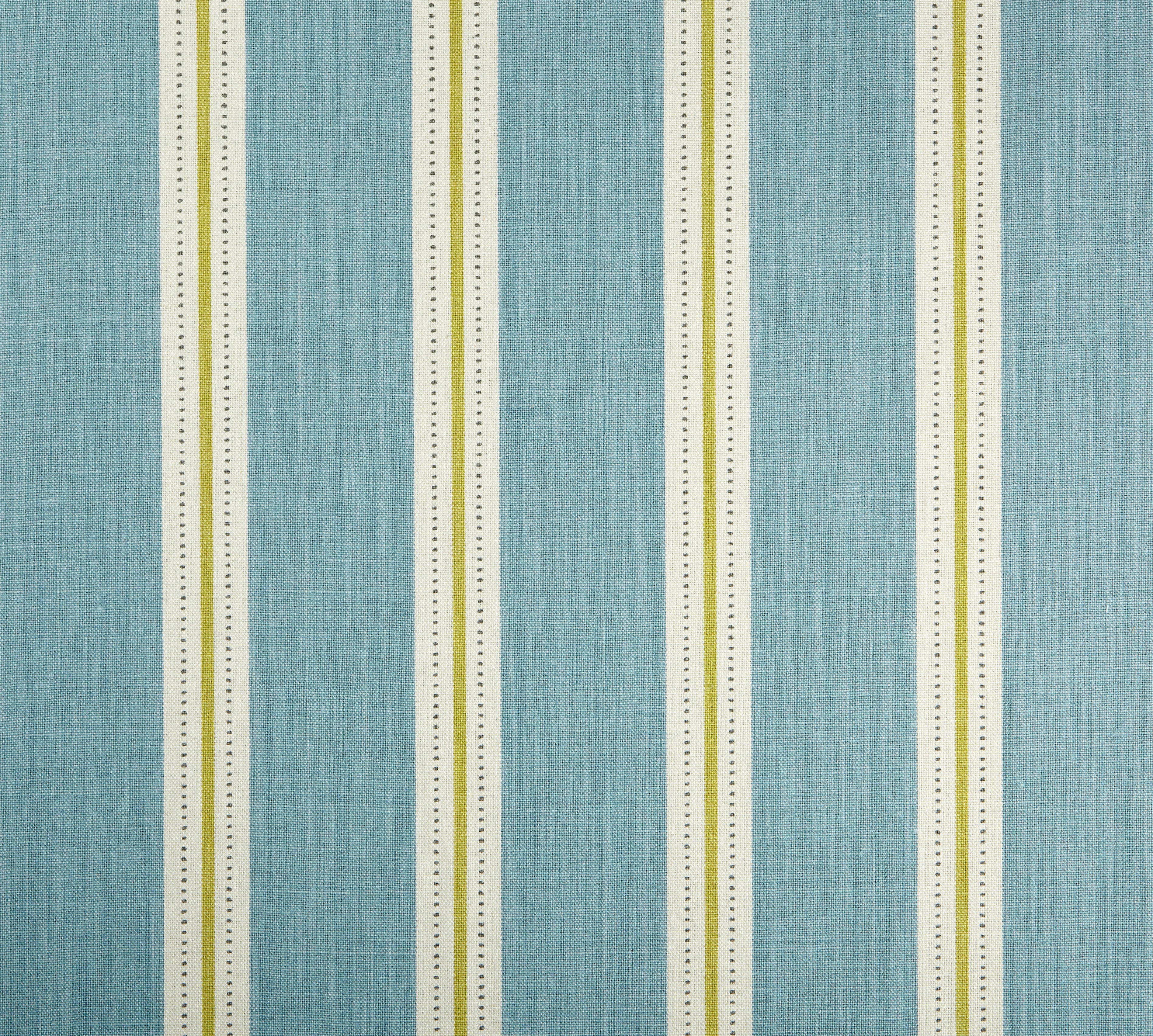 Detail of fabric in a repeating stripe print in cream and yellow on a light blue field.