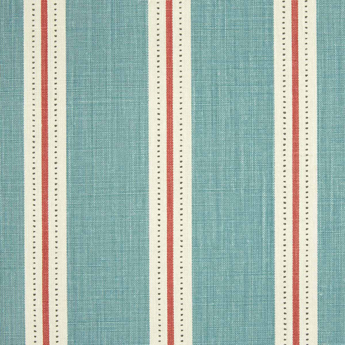 Detail of fabric in a repeating stripe print in cream and red on a blue field.