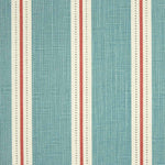 Detail of fabric in a repeating stripe print in cream and red on a blue field.