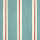 Detail of fabric in a repeating stripe print in cream and red on a blue field.