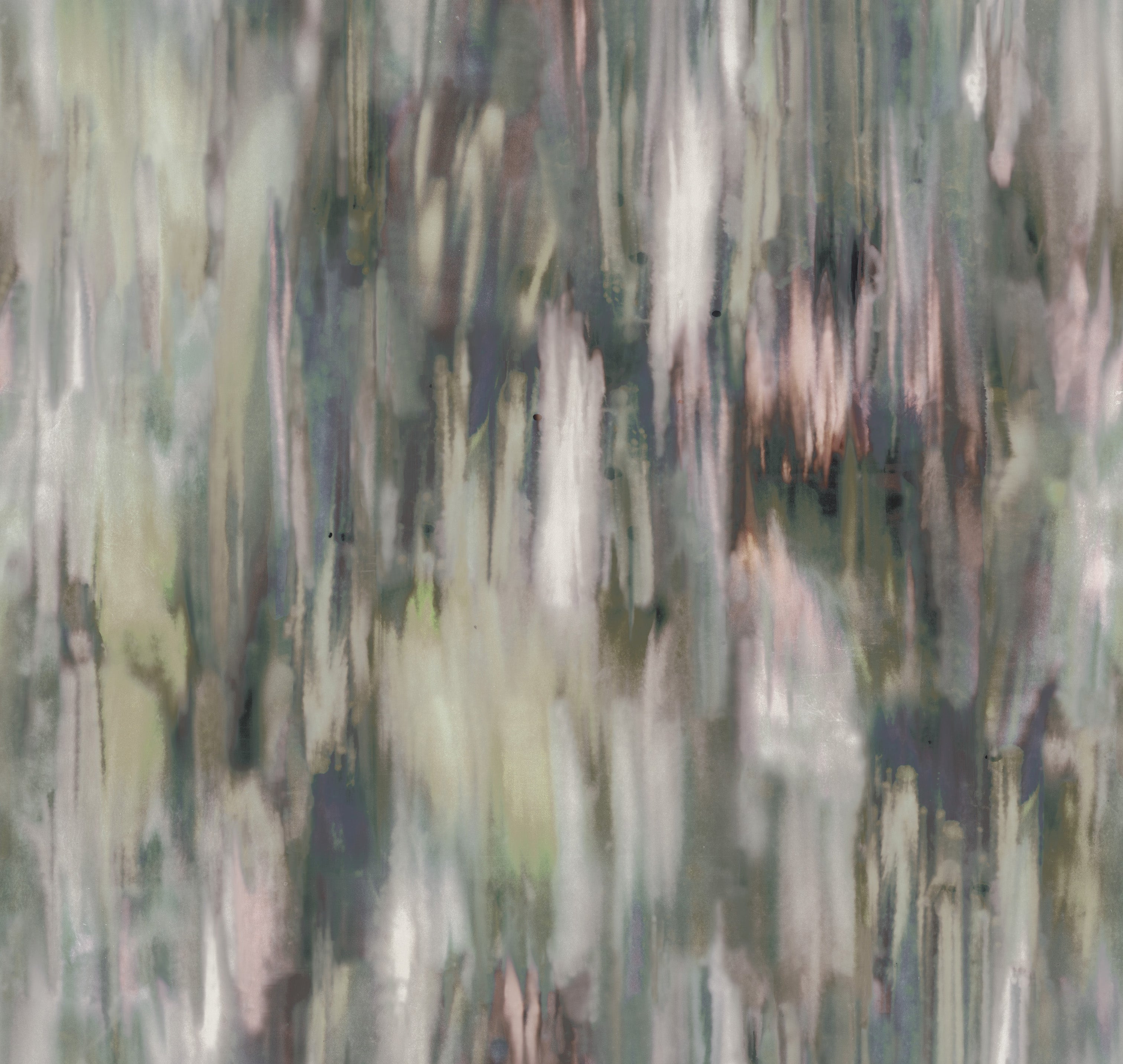 Detail of fabric in an abstract painterly print in shades of gray, olive, cream and pink.