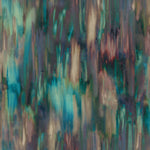 Detail of fabric in an abstract painterly print in shades of purple, turquoise and tan.